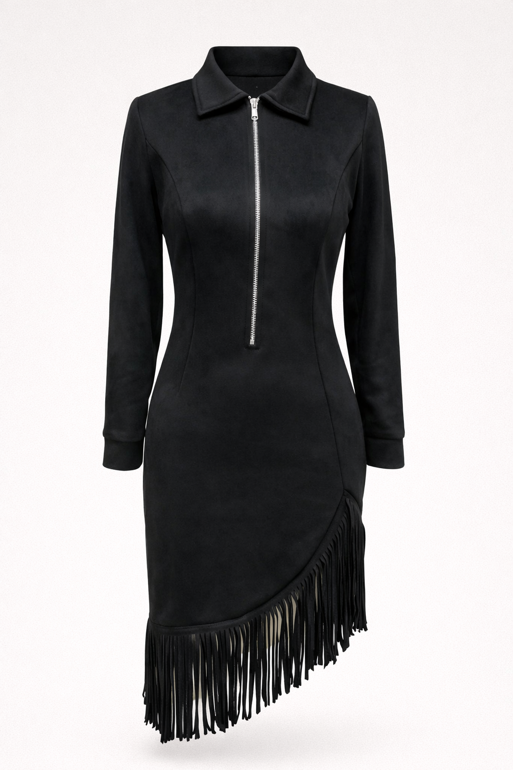Suede midi dress with long sleeves and irregular fringes