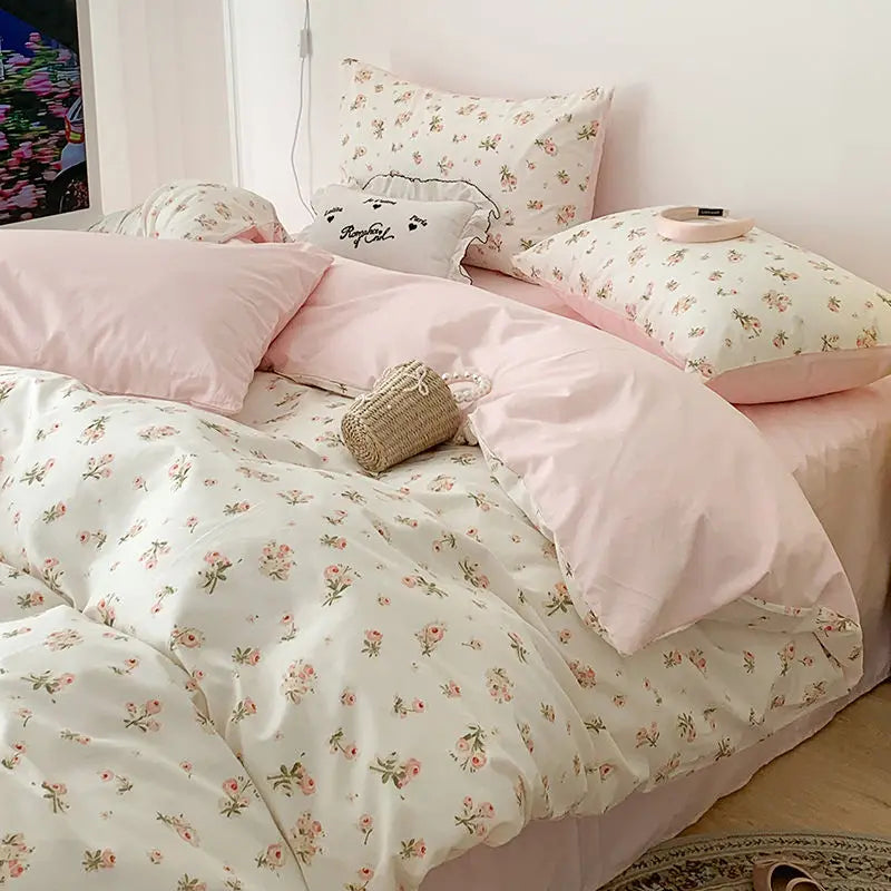 Romantic Pink Flower Bedding Set - Soft Polyester Duvet Cover and Pillowcases for a Cozy Bedroom
