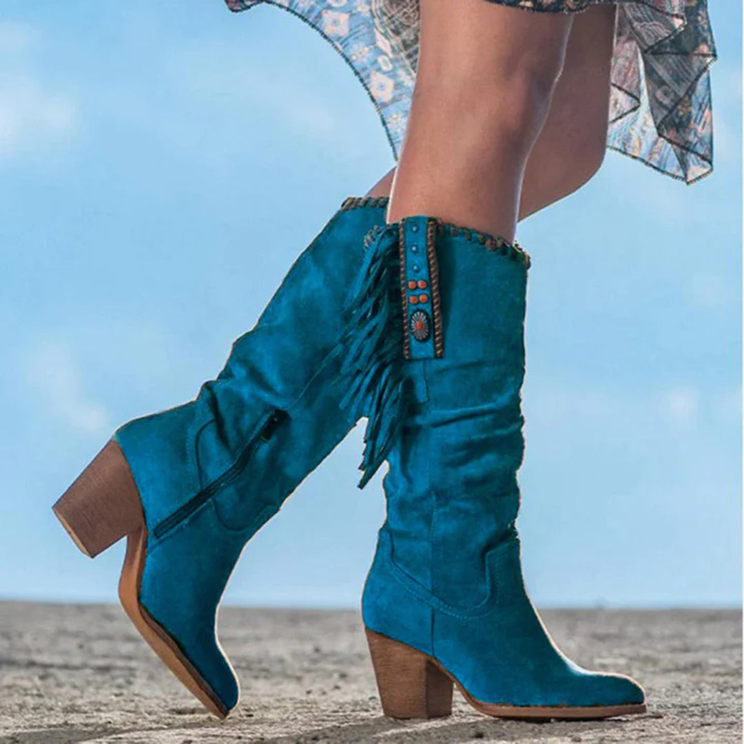 Women's Knee-High Western Boots with Fringe & Stud Detailing on a Sleek Block Heel