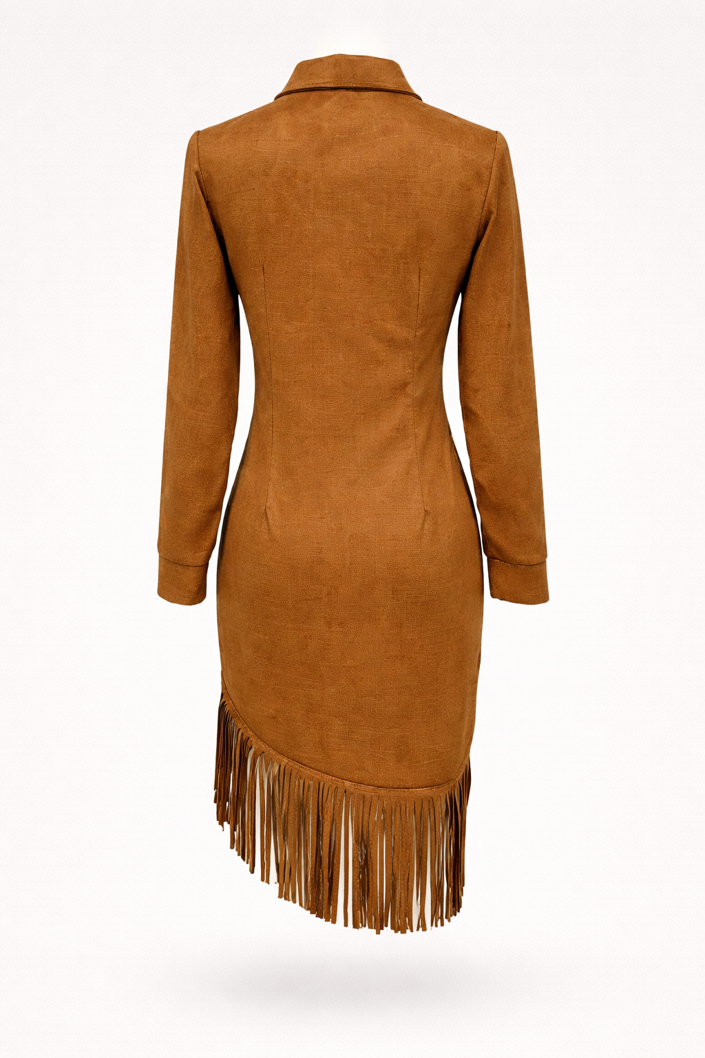 Suede midi dress with long sleeves and irregular fringes