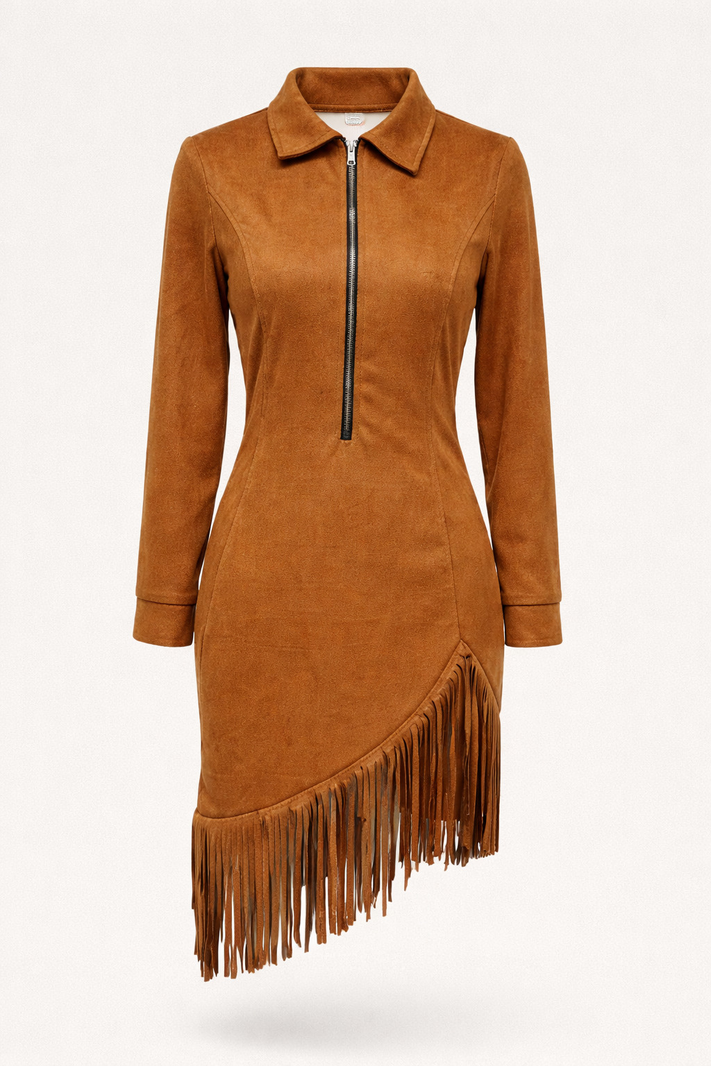 Suede midi dress with long sleeves and irregular fringes