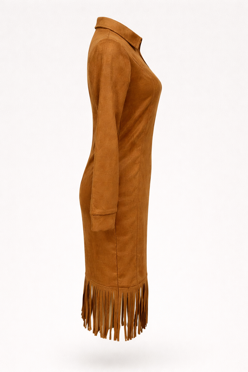 Suede midi dress with long sleeves and irregular fringes