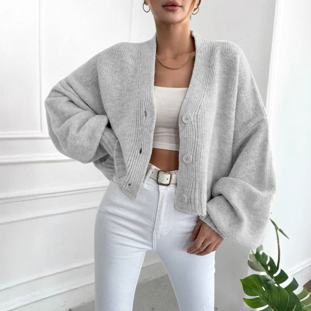 Effortless Casual Cropped Cardigan with Lantern Sleeves