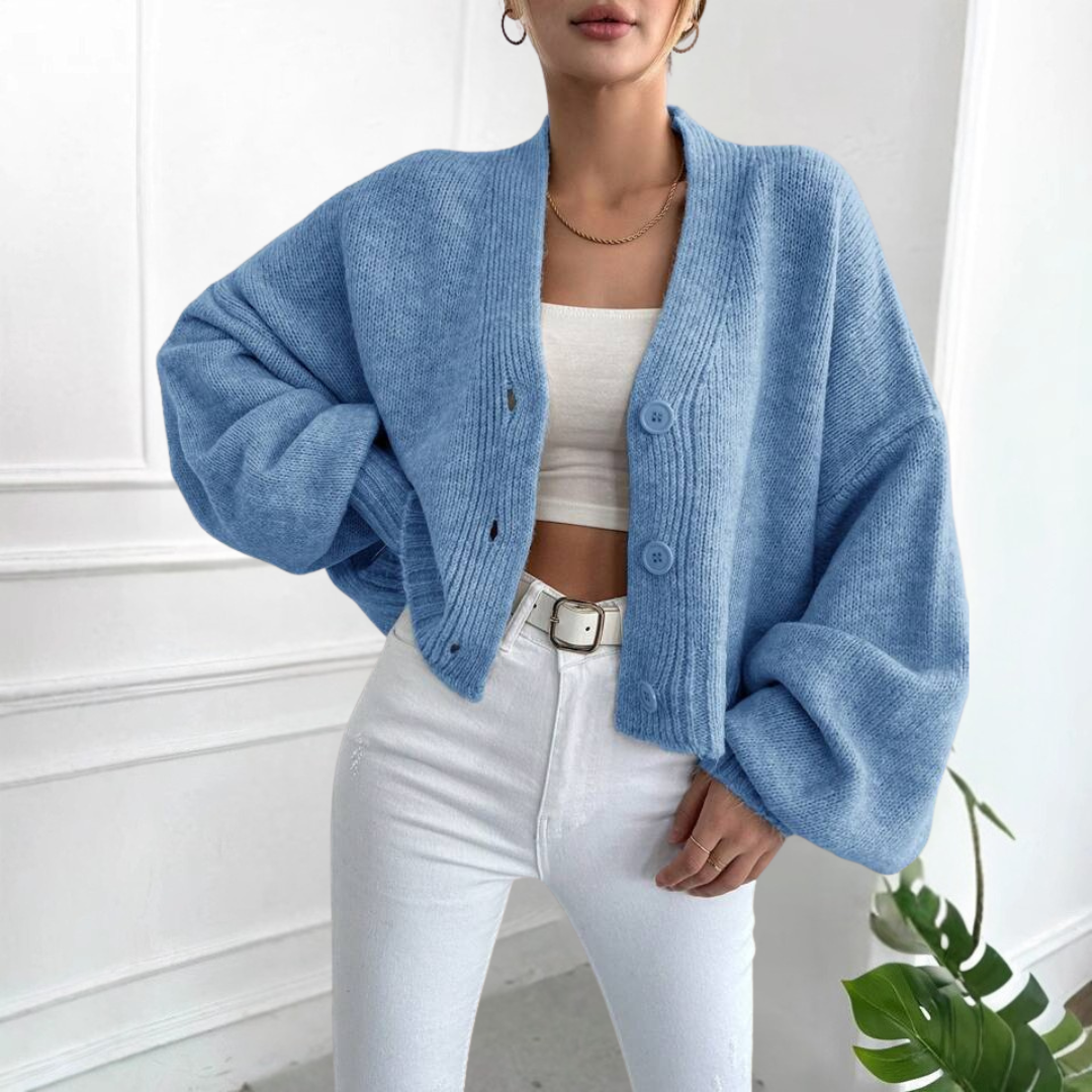 Effortless Casual Cropped Cardigan with Lantern Sleeves