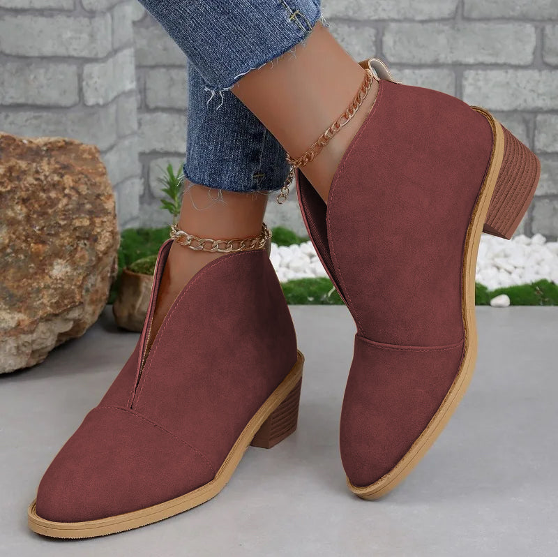Women's Ankle Boots with Almond Toe, Chunky Stacked Heel, Easy Slip-On for Casual Wear