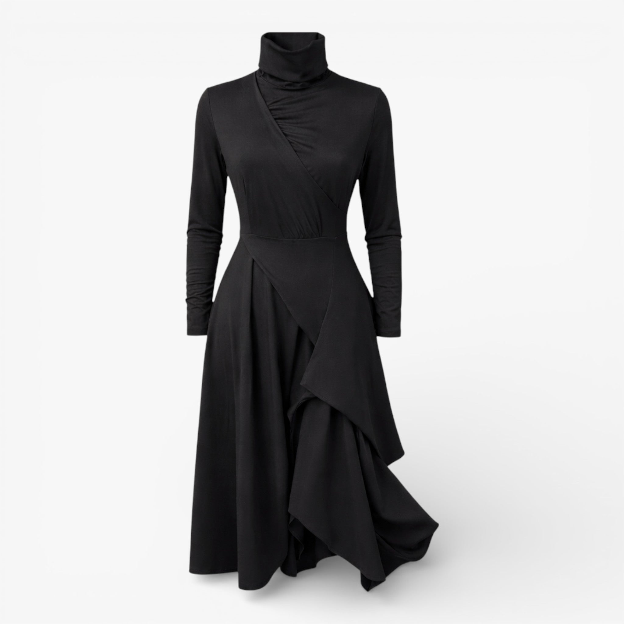Elegant Stretch Polyester Cotton Blend Turtleneck Draped Maxi Dress