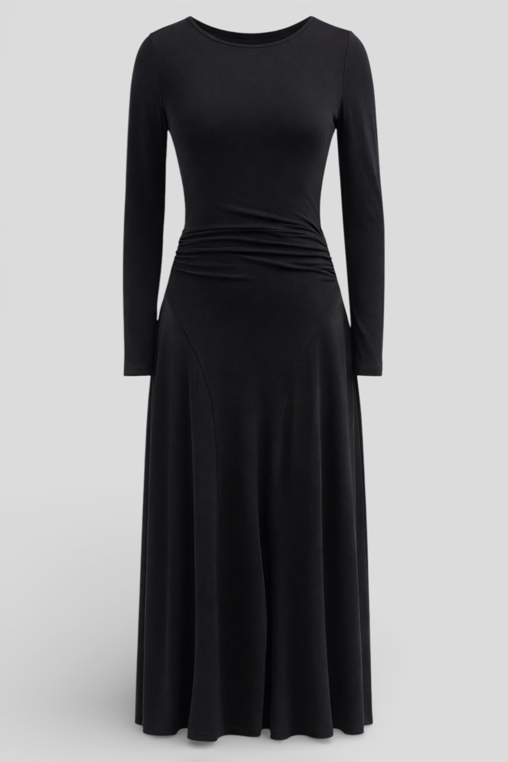 Elegant Black Pleated Boat Neck Maxi Dress for a Modern Look