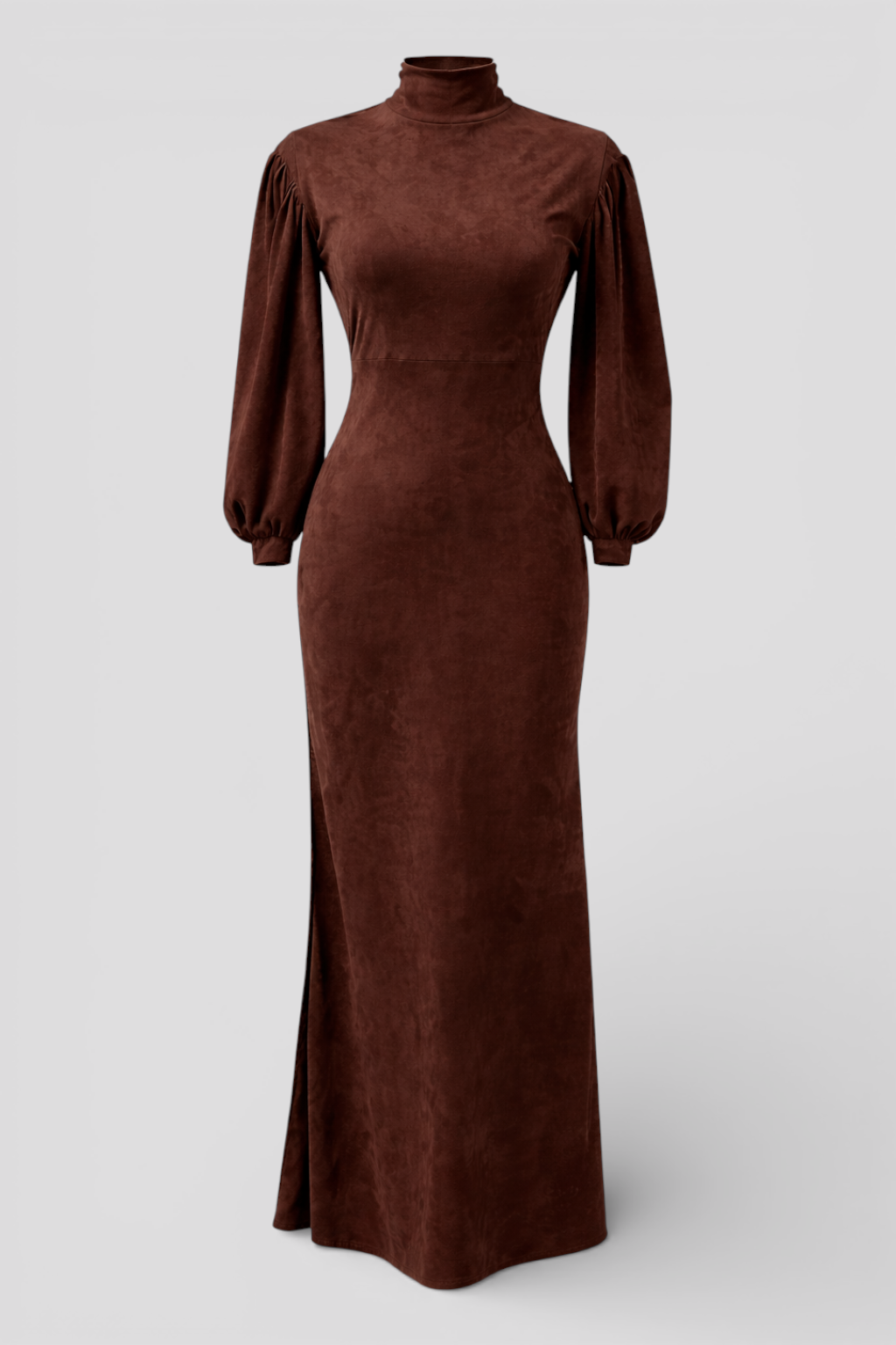 Retro long-sleeve maxi dress with semi-high collar and included belt