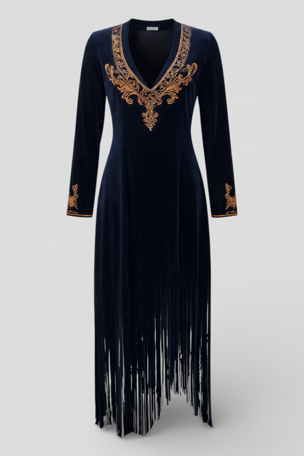 Ethnic Maxi Dress in Navy Blue with Fringes and Split Neckline