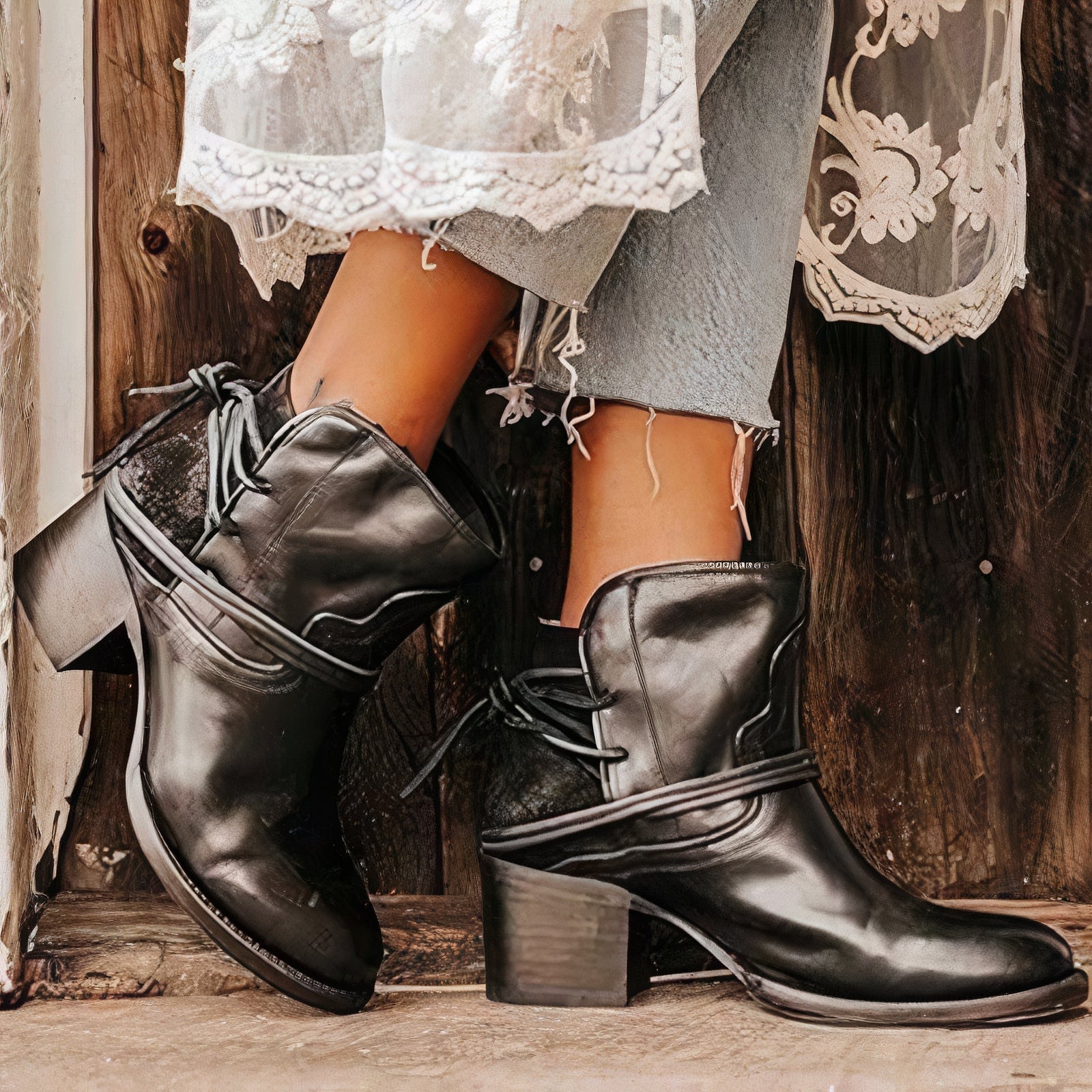 Women's Leather Ankle Boots – Western-Style with Block Heel and Wrapped Lacing Detail