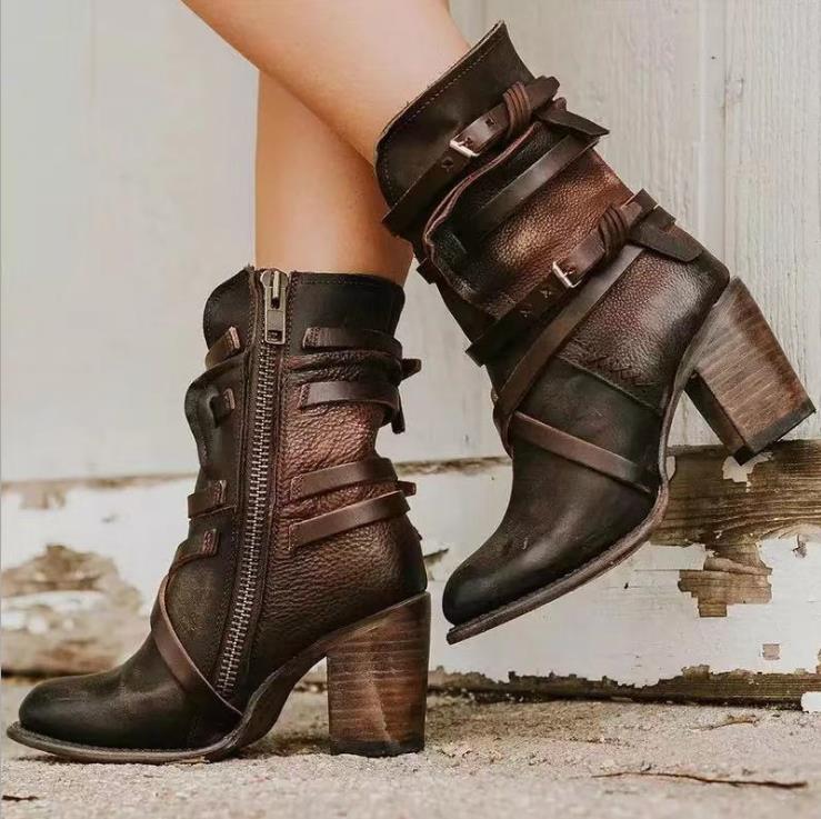 Women's Leather Ankle Boots - Slouchy Distressed Design with Buckle Strap Details and a Bold Block Heel