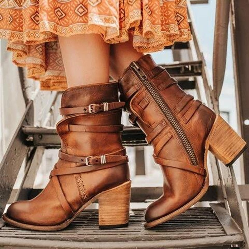 Women's Leather Ankle Boots - Slouchy Distressed Design with Buckle Strap Details and a Bold Block Heel