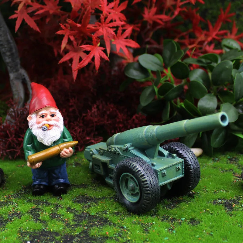 Palladia - 2-Piece Mini Resin Gnome Statue with Cannon for Play Fun
