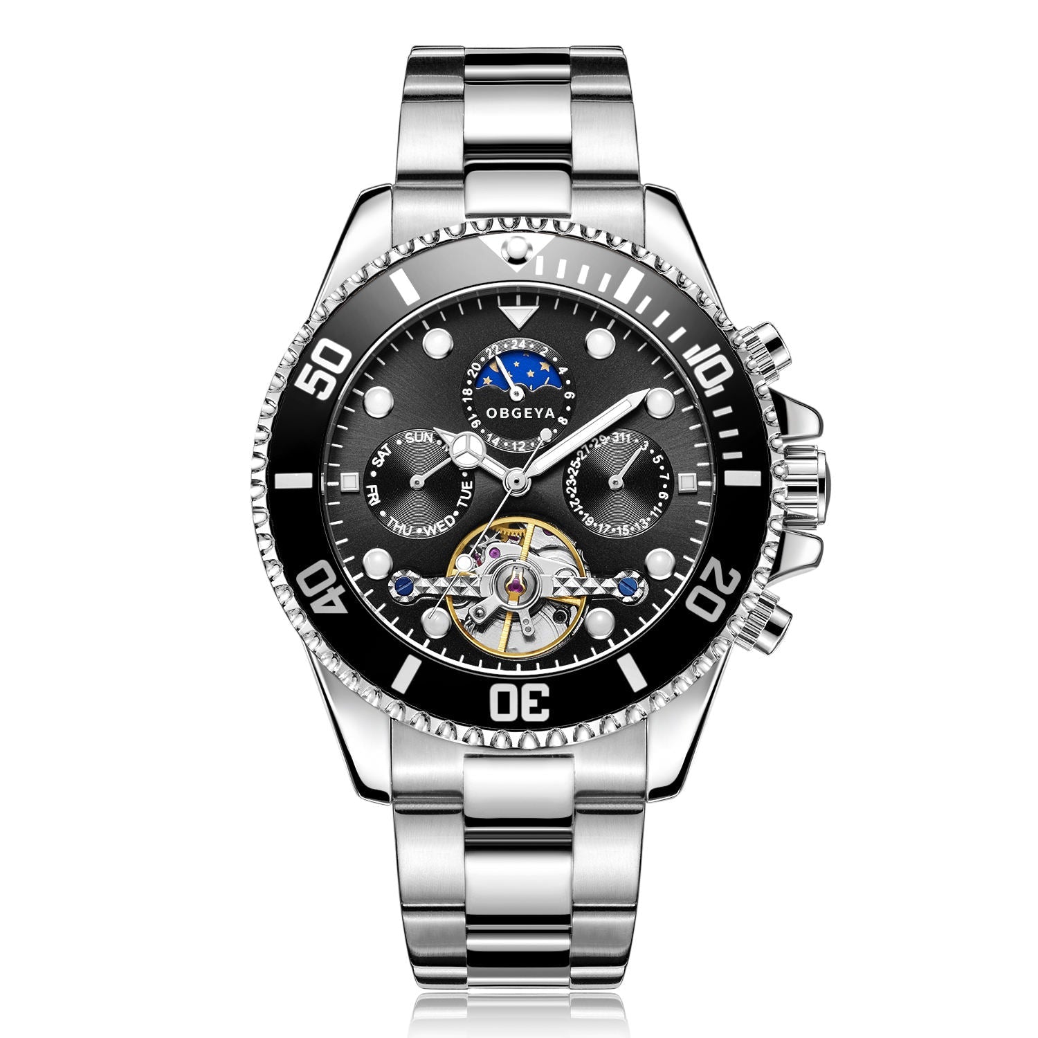 Automatic stainless steel wristwatch with elegant tourbillon