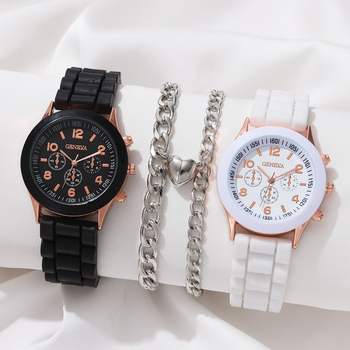 Quartz watch set with classic silicone strap and matching bracelet for a stylish and trendy look