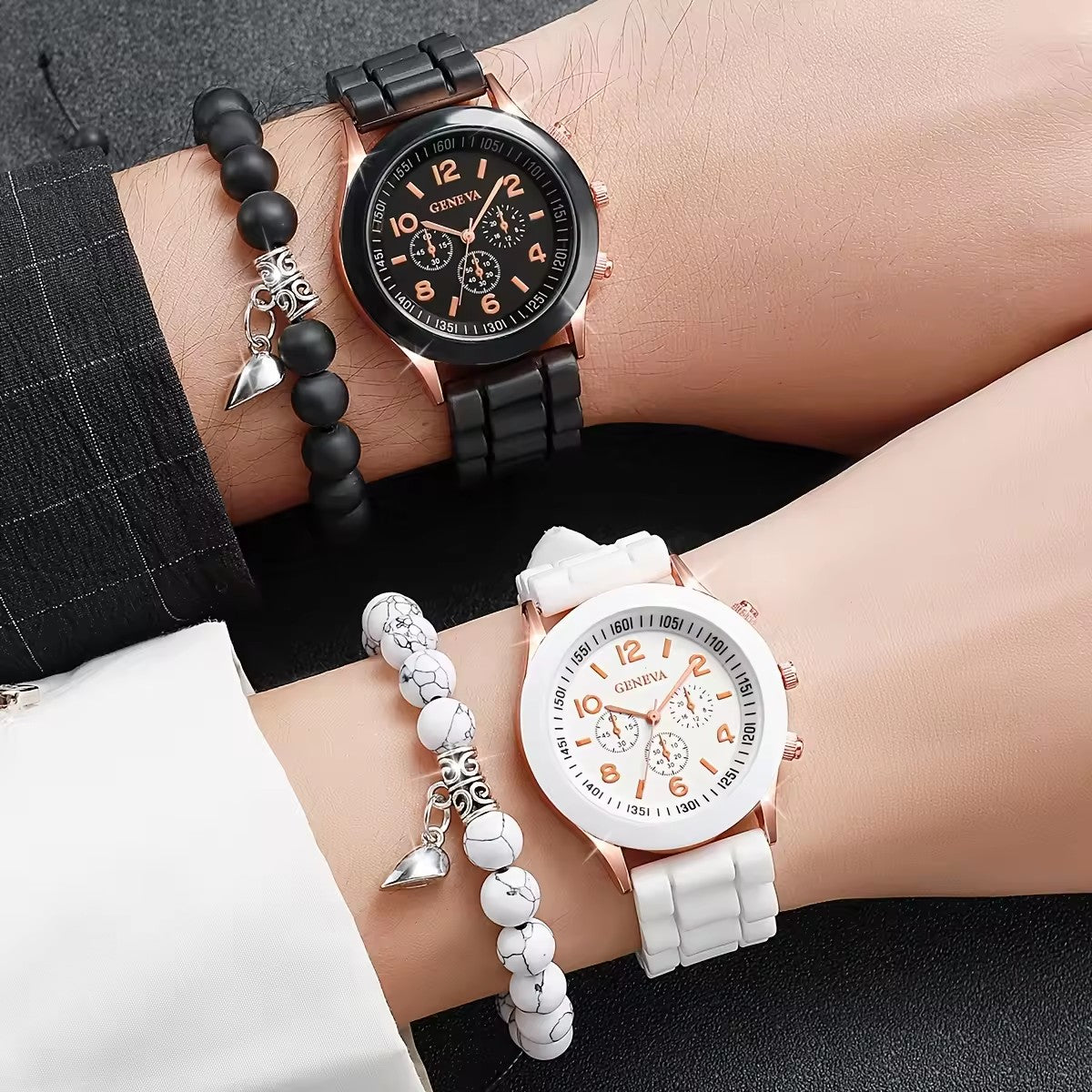 Quartz watch set with classic silicone strap and matching bracelet for a stylish and trendy look