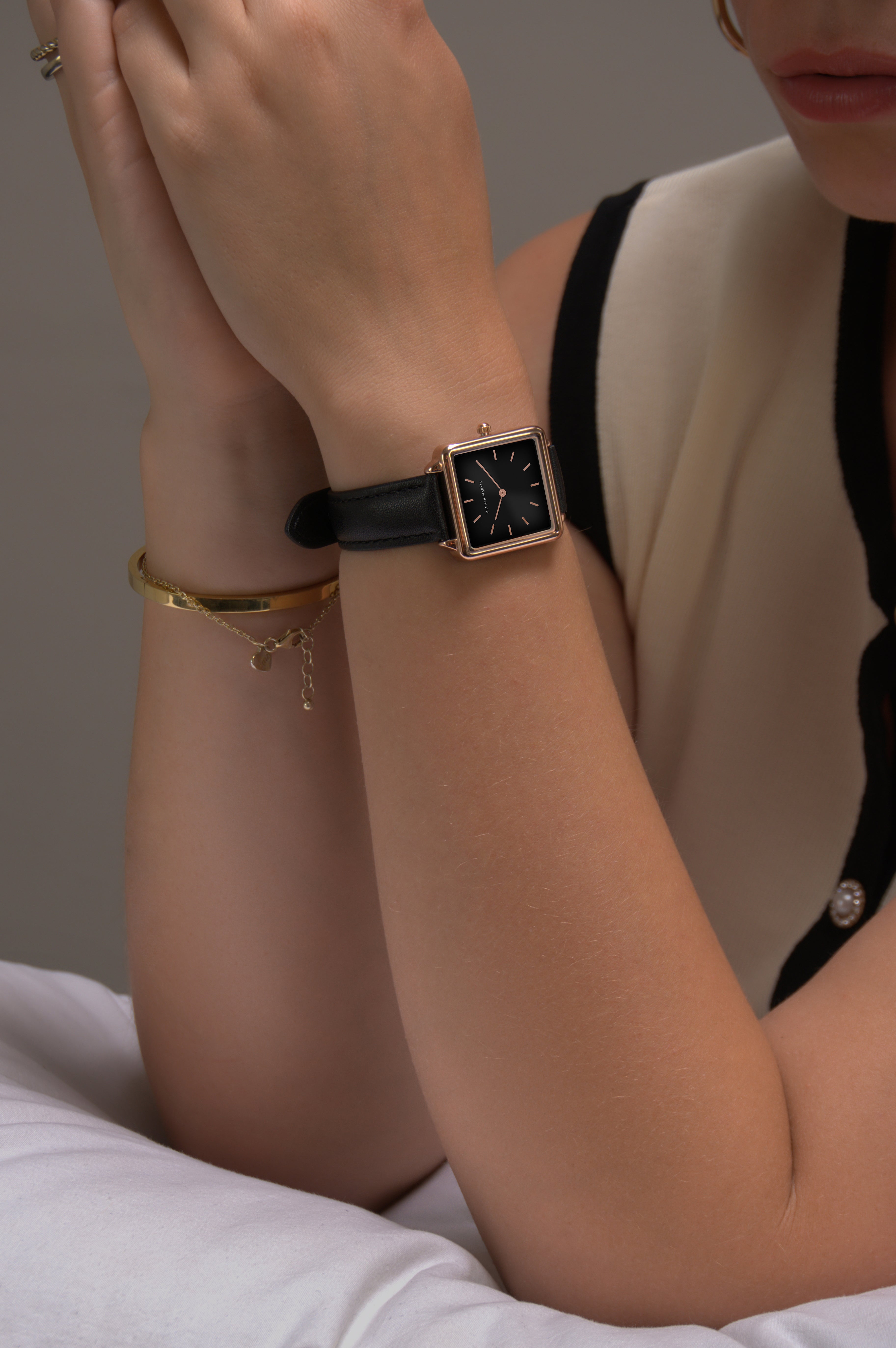 Black Square Watch with Rose Gold Finish, Elegant Black Dial, and Luxury Black Leather Strap