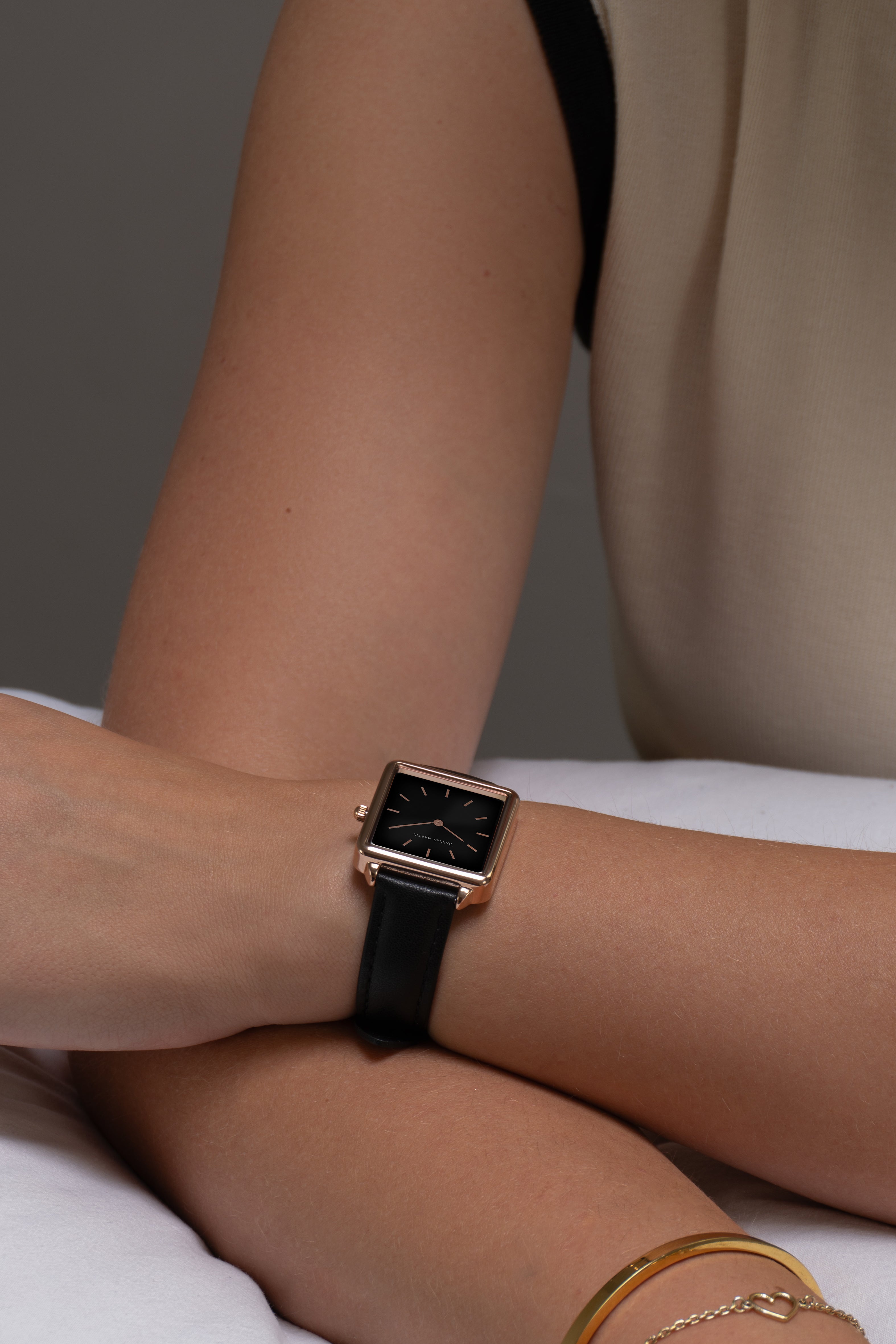 Black Square Watch with Rose Gold Finish, Elegant Black Dial, and Luxury Black Leather Strap