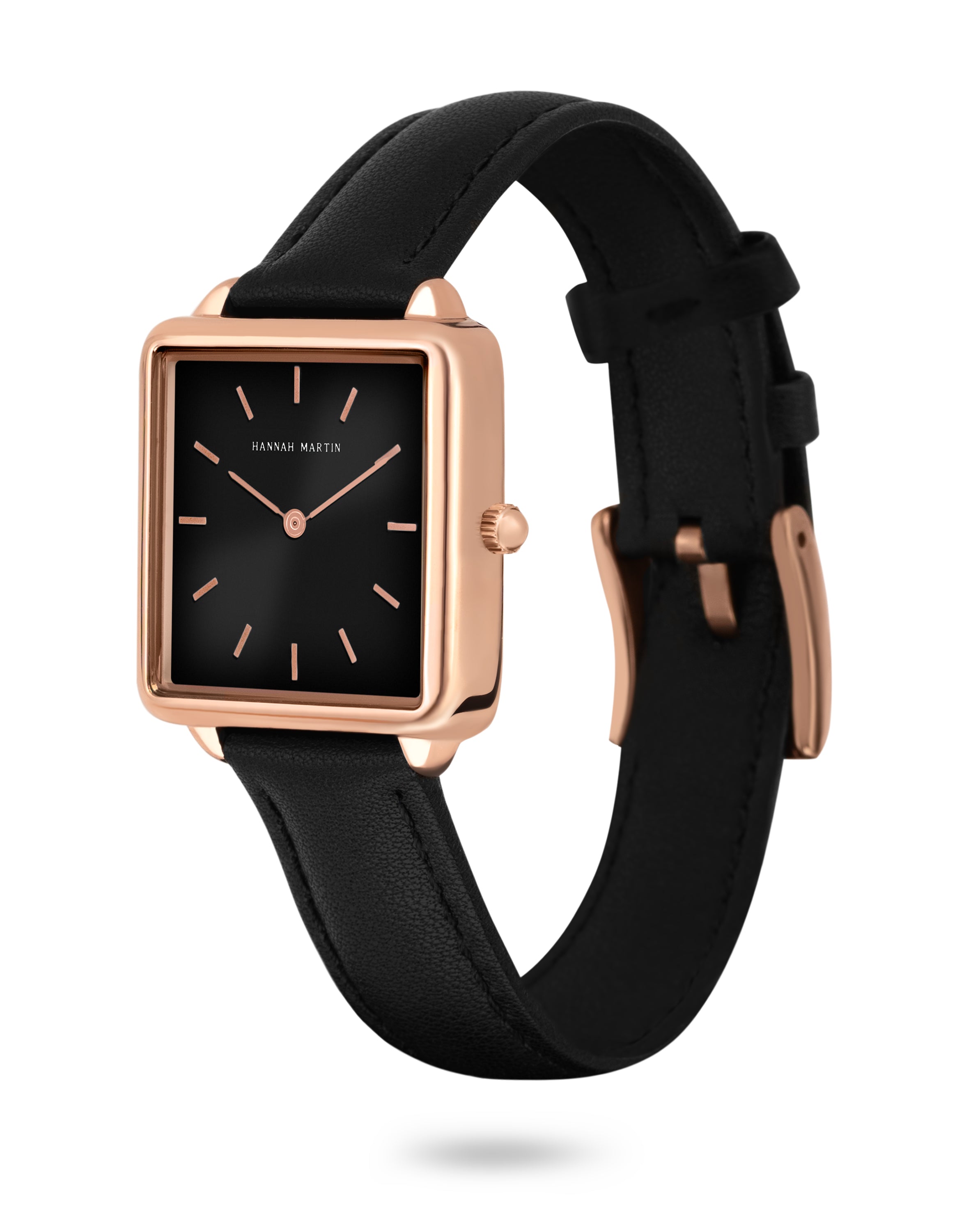 Black Square Watch with Rose Gold Finish, Elegant Black Dial, and Luxury Black Leather Strap