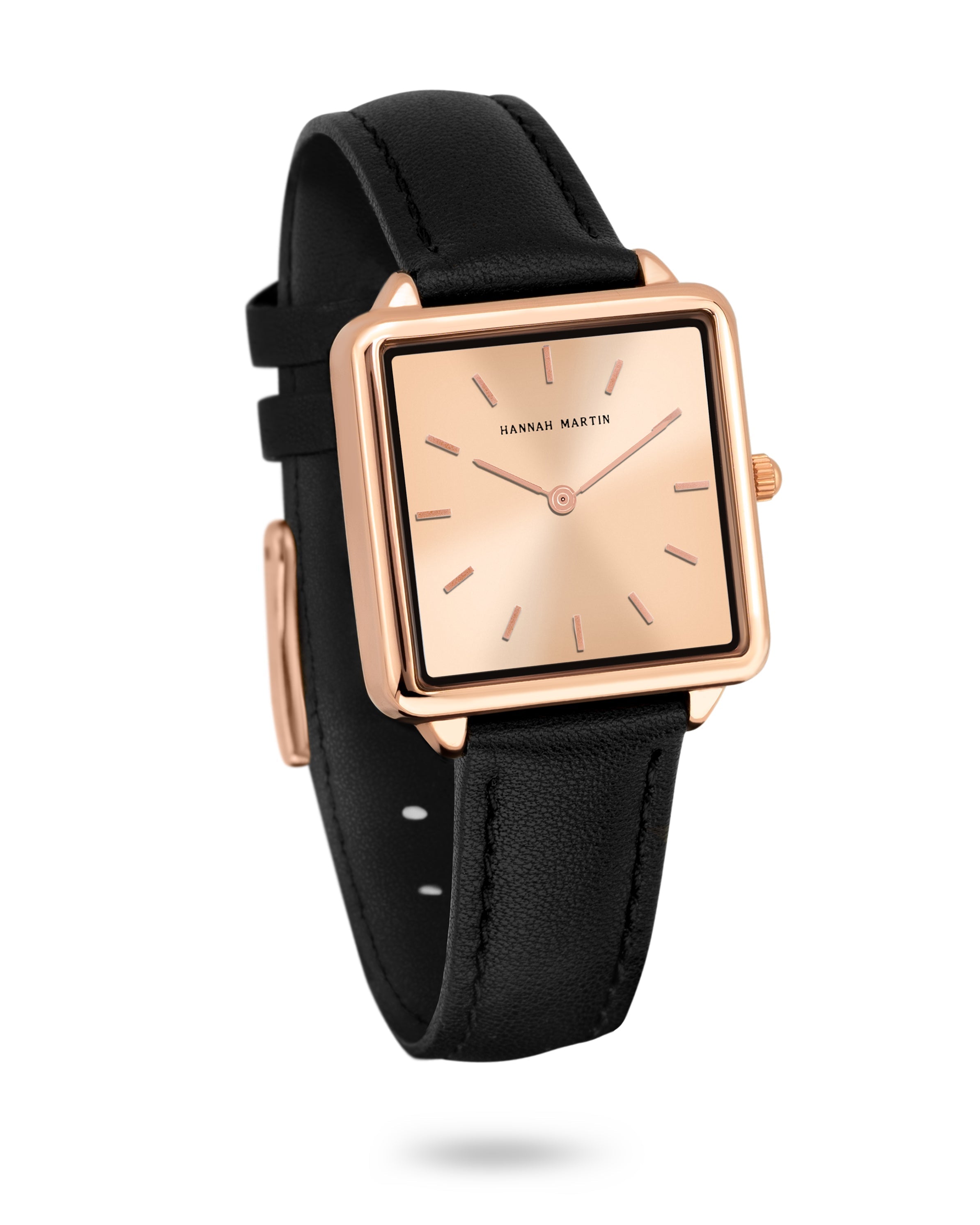 Aurora - Square Watch in Rose Gold with Elegant Champagne-Colored Dial and Luxurious Black Leather Strap