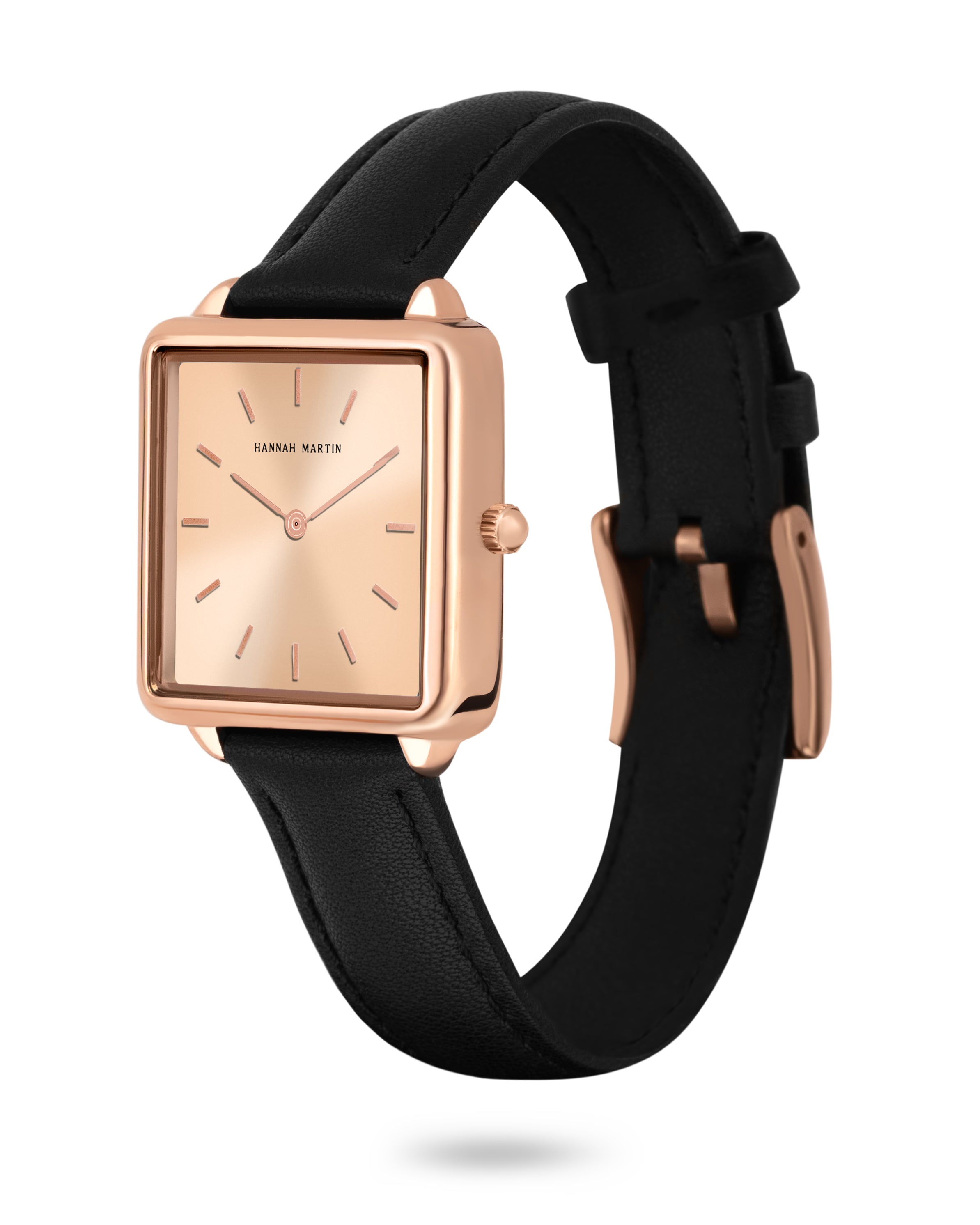Aurora - Square Watch in Rose Gold with Elegant Champagne-Colored Dial and Luxurious Black Leather Strap