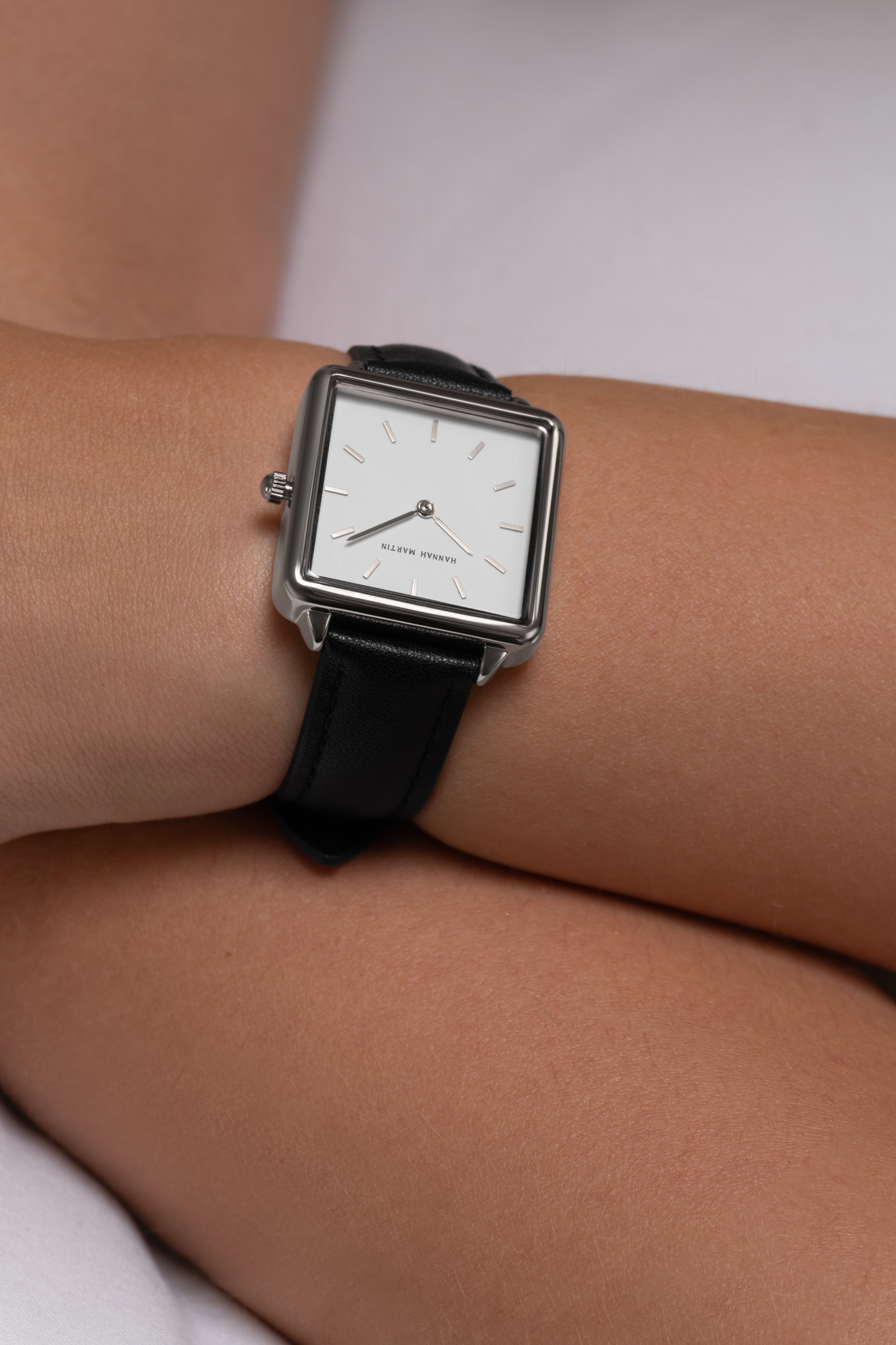Elegant Celeste Square Watch in Silver with Sparkling White Dial and Luxury Black Leather Strap