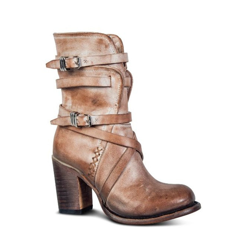Women's Leather Ankle Boots - Slouchy Distressed Design with Buckle Strap Details and a Bold Block Heel