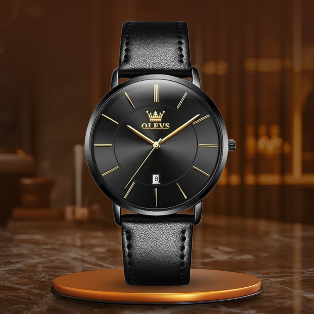 Elegant watch with leather strap and date display