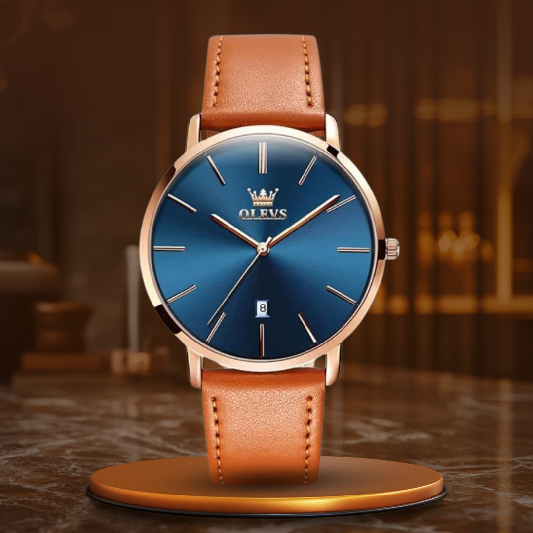 Elegant watch with leather strap and date display