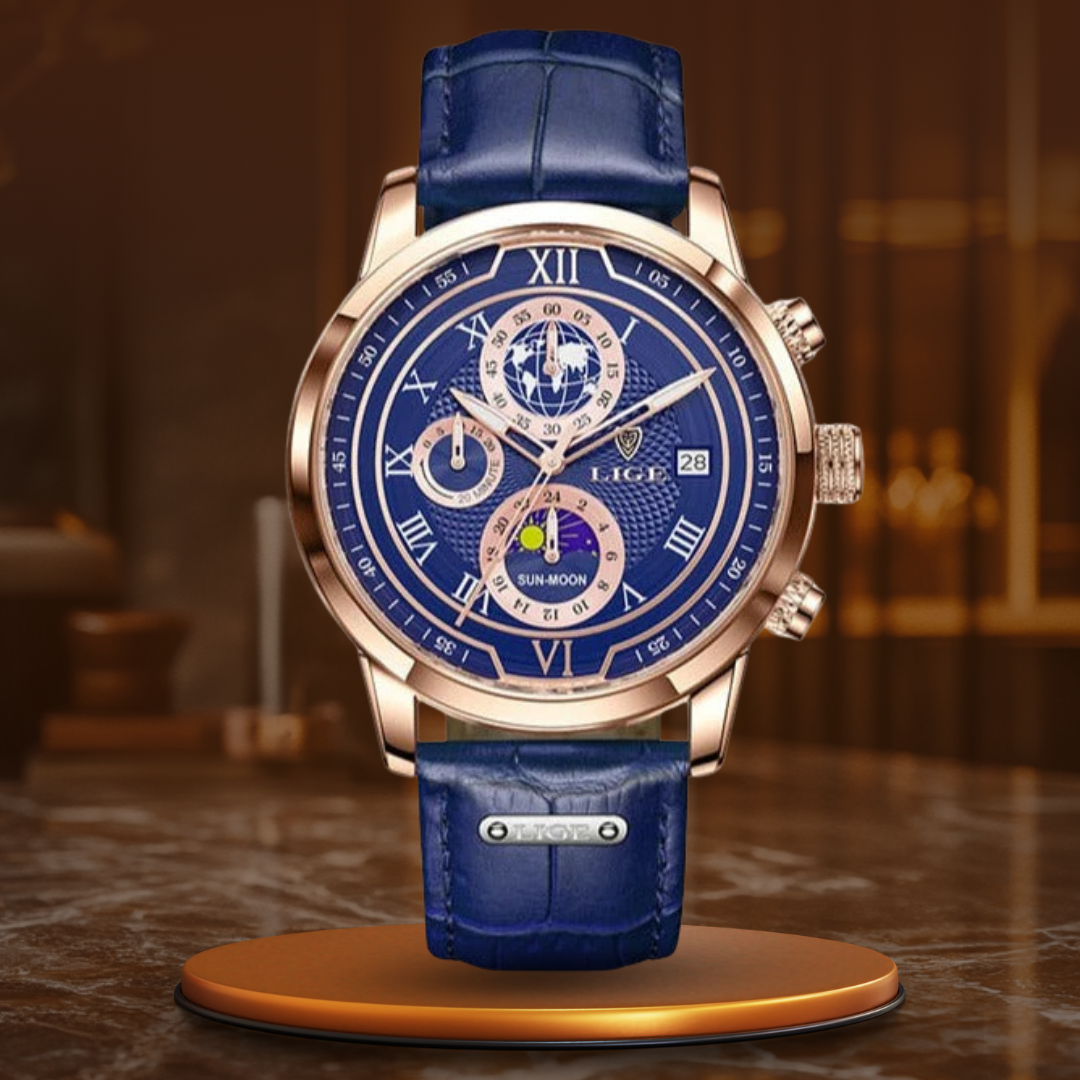 Watch with elegant chronograph and high-quality leather strap