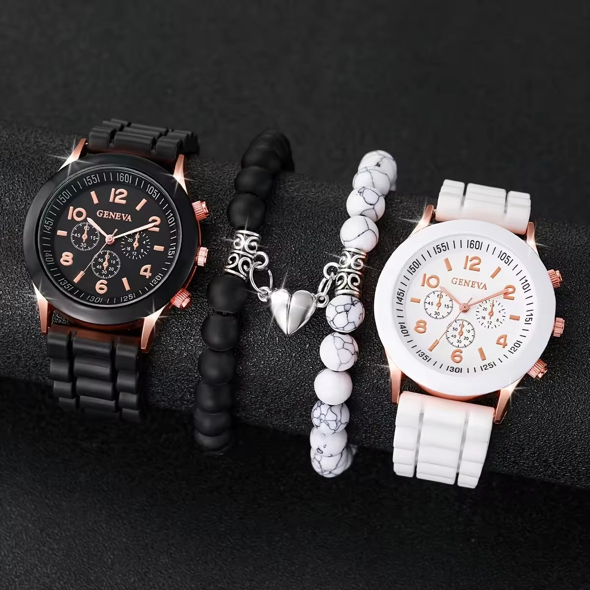 Quartz watch set with classic silicone strap and matching bracelet for a stylish and trendy look