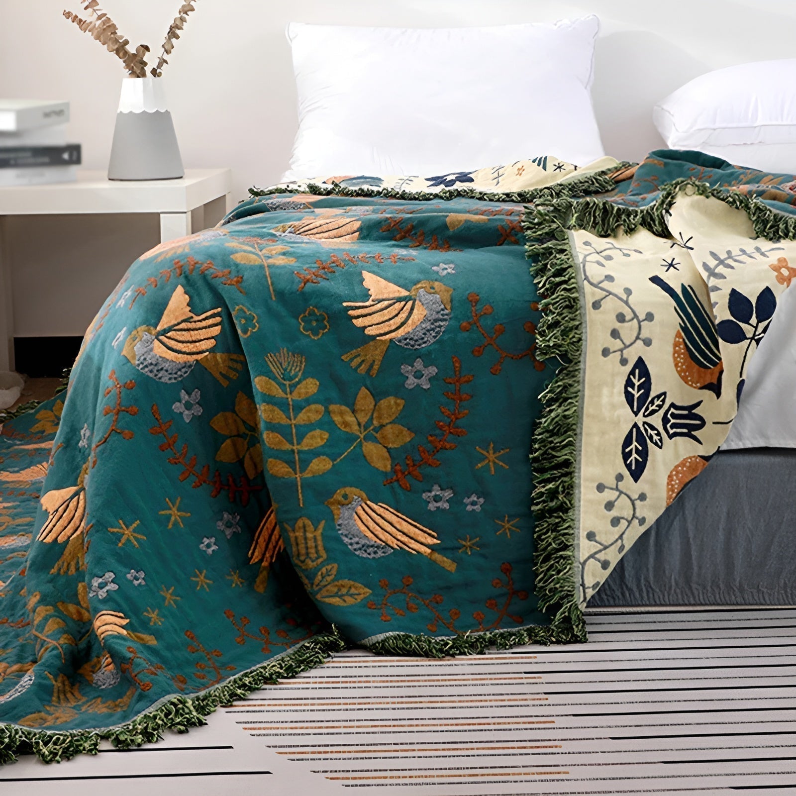 Reversible Cotton Blanket with Flower and Bird Pattern – Green Sleepy Choice in 150x200 cm or 200x230 cm