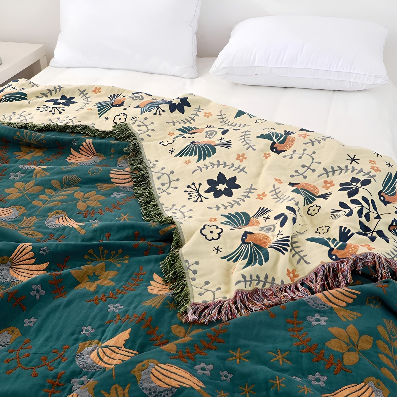 Reversible Cotton Blanket with Flower and Bird Pattern – Green Sleepy Choice in 150x200 cm or 200x230 cm