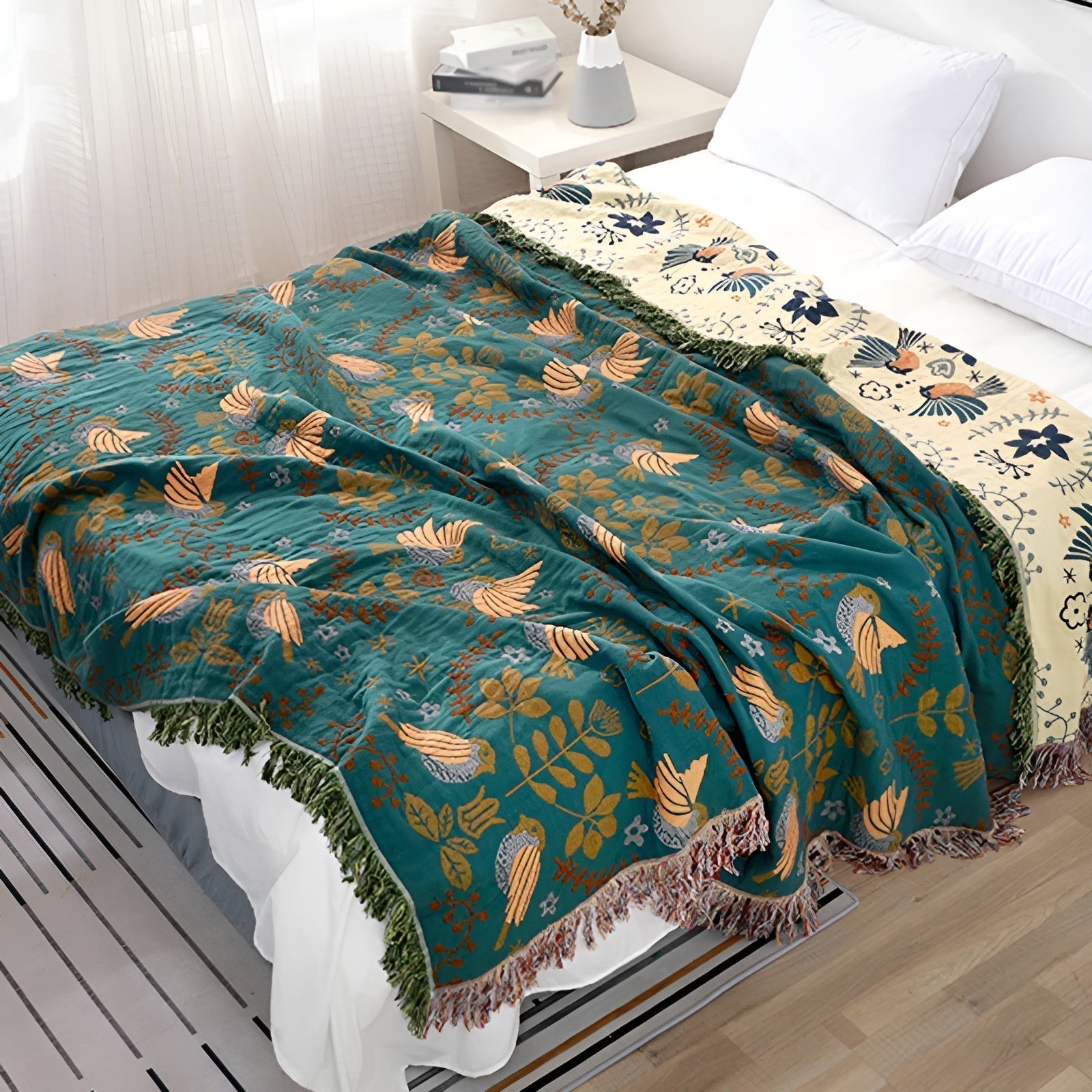 Reversible Cotton Blanket with Flower and Bird Pattern – Green Sleepy Choice in 150x200 cm or 200x230 cm