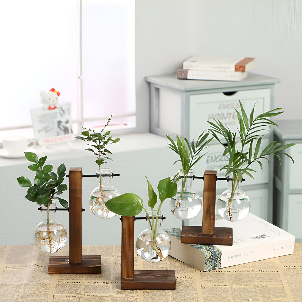 Valethra - Charming Rustic Wooden Hydroponic Plant Holder for a Natural Decoration