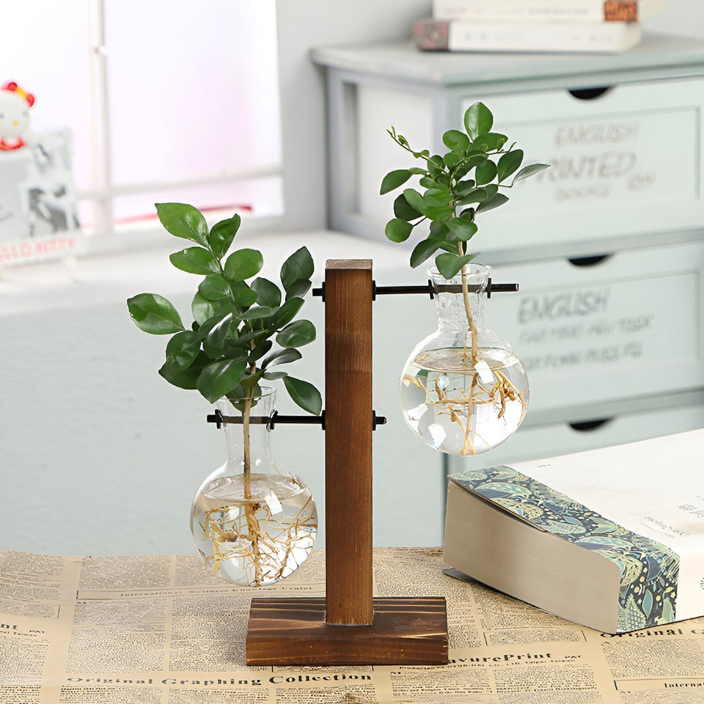 Valethra - Charming Rustic Wooden Hydroponic Plant Holder for a Natural Decoration