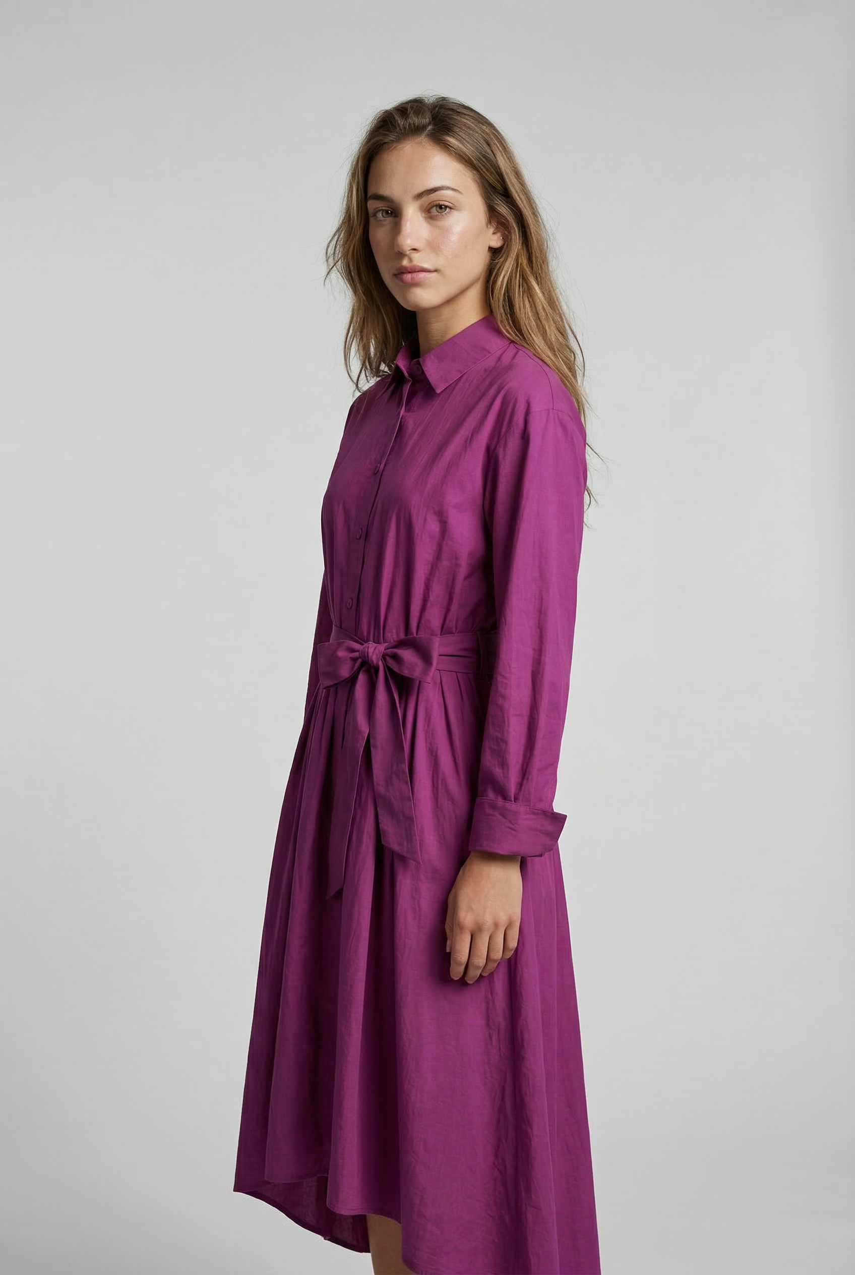 Elegant Maxi Dress with Shirt, Long Sleeves, and Tie