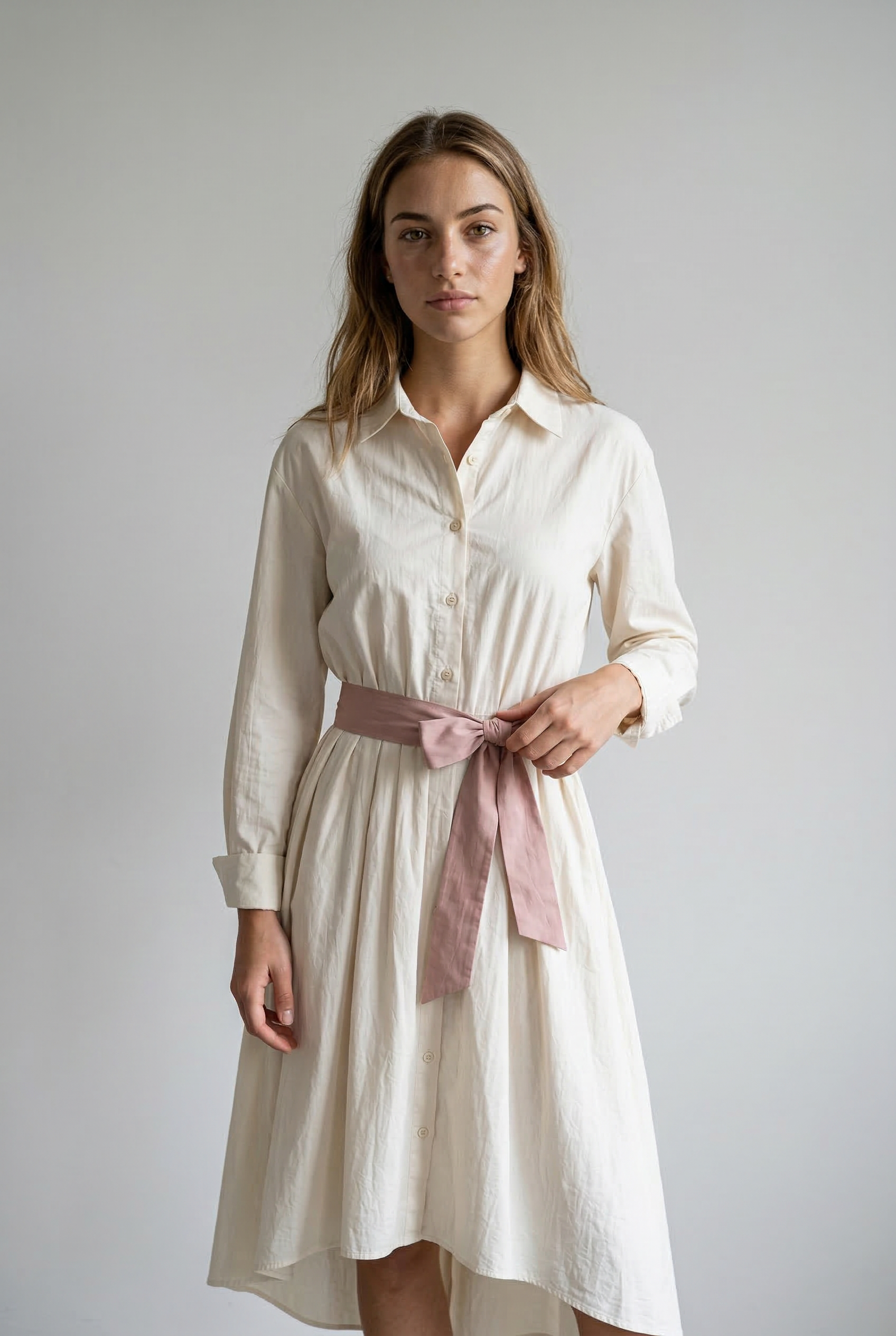 Elegant Maxi Dress with Shirt, Long Sleeves, and Tie