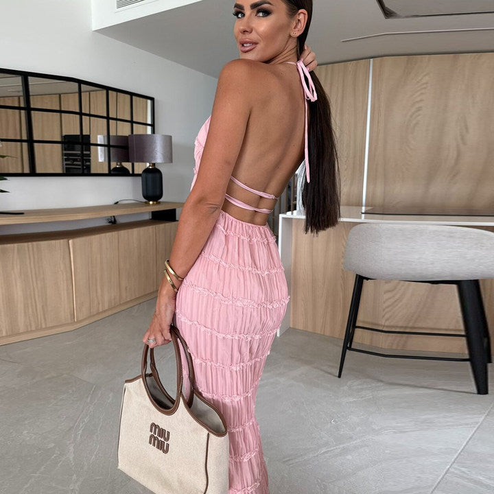 Caroline Textured Halter-Neck Maxi Dress – Effortless Summer Elegance