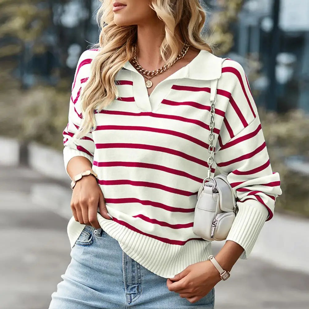 Stylish women's sweater with striped pattern and V-neck for an elegant look