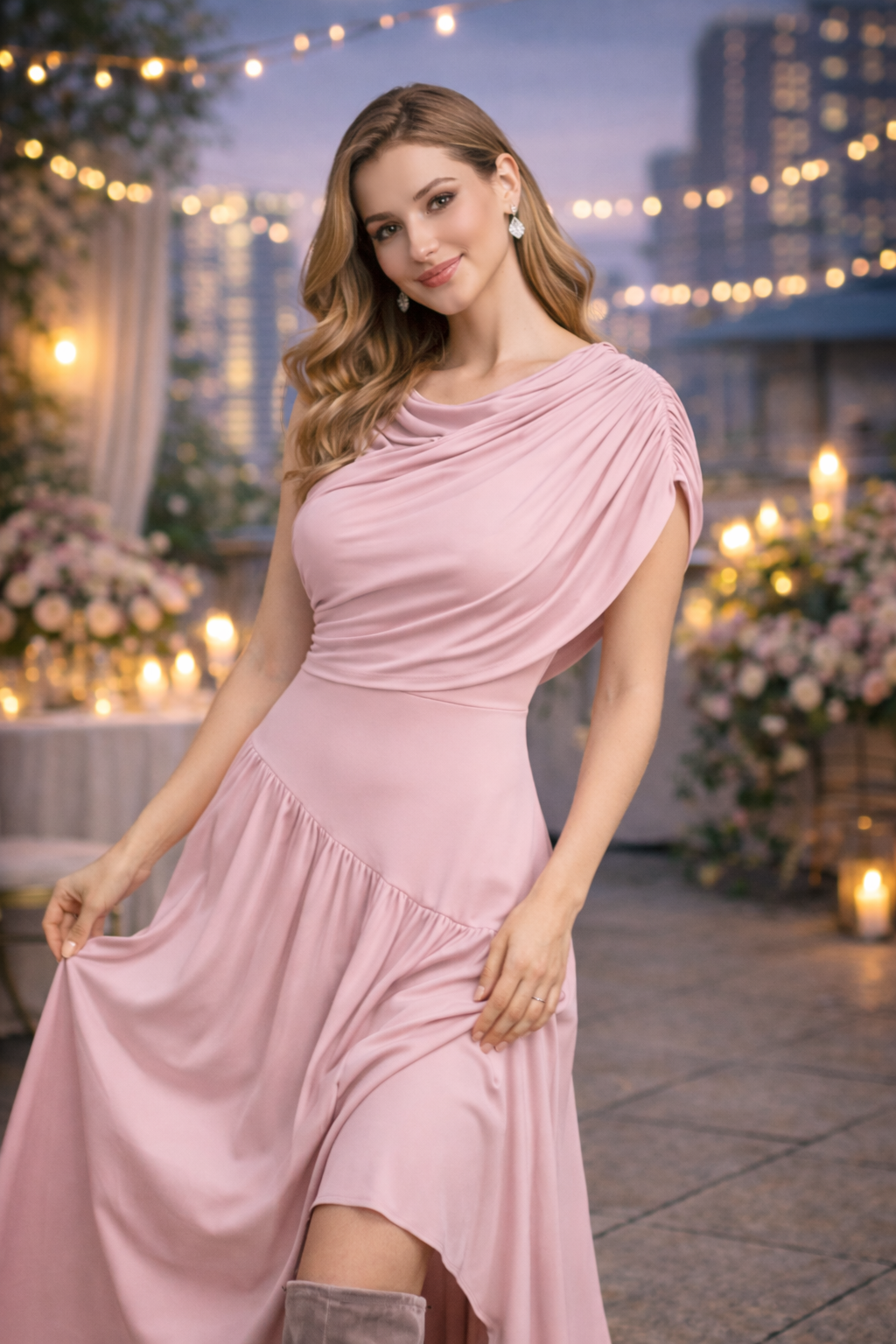 Long pleated maxi cape-style dress