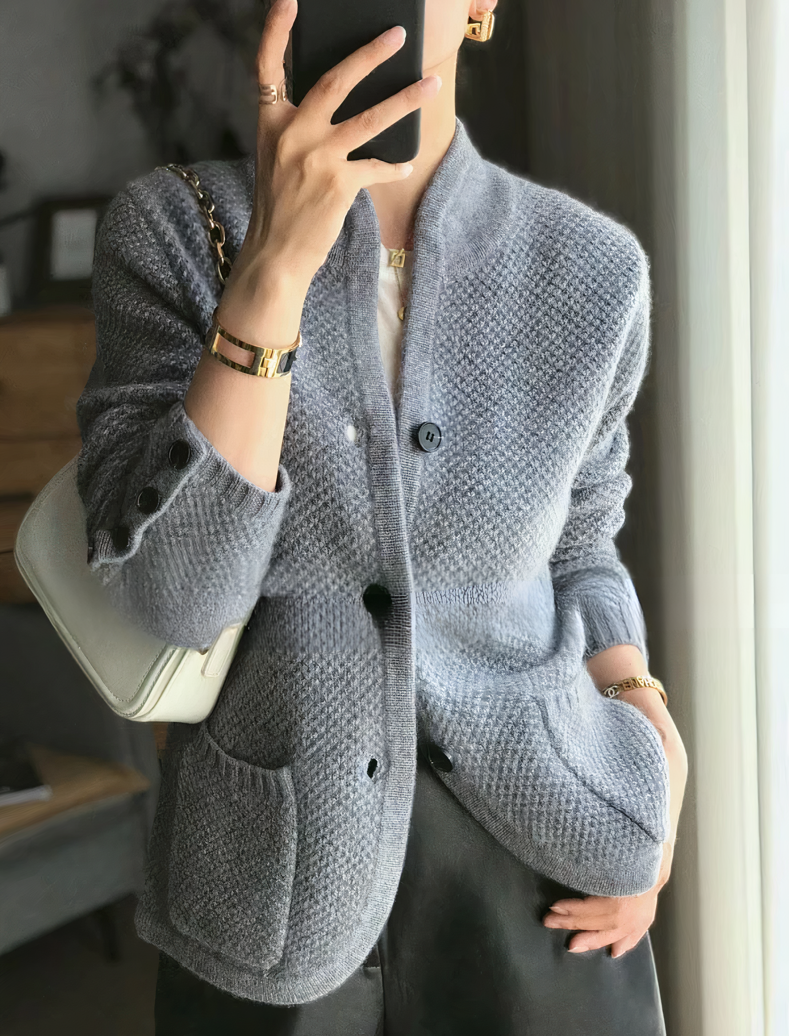 Women's Winter Retro Knit Cardigan with Stand-Up Collar