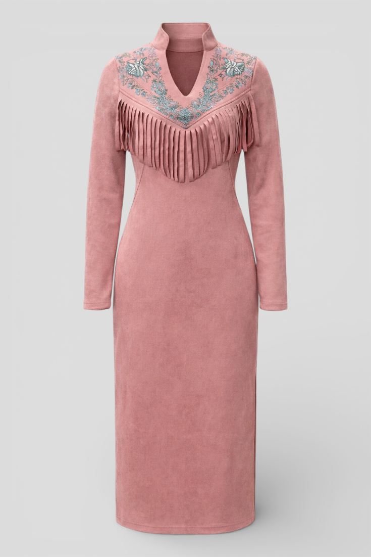 Vintage Western Long Dress with Fringe Embroidery in Pink Polyester