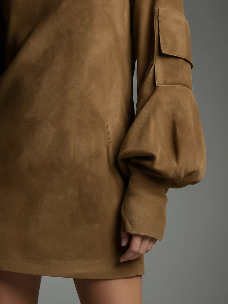 Mavie | Locker cut suede dress with stand-up collar 2