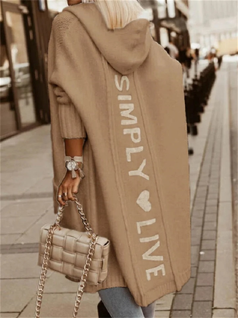 Cozy Women's Longline Hooded Cardigan with Bold Slogan Print