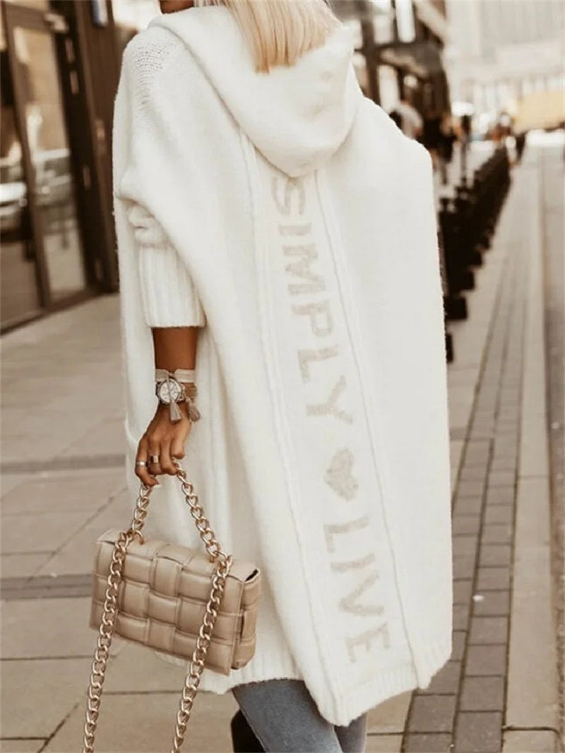 Cozy Women's Longline Hooded Cardigan with Bold Slogan Print