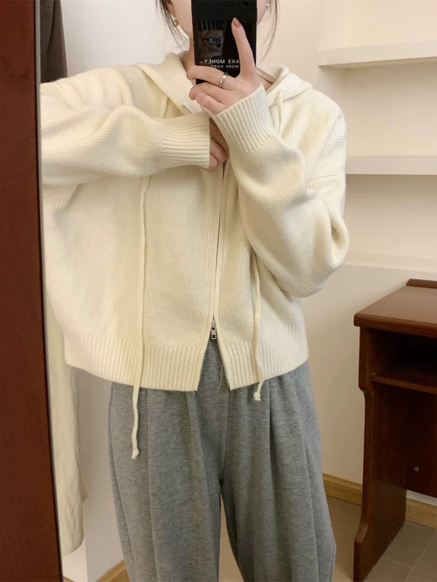 Casual Zip-Up Hooded Cardigan with Long Sleeves