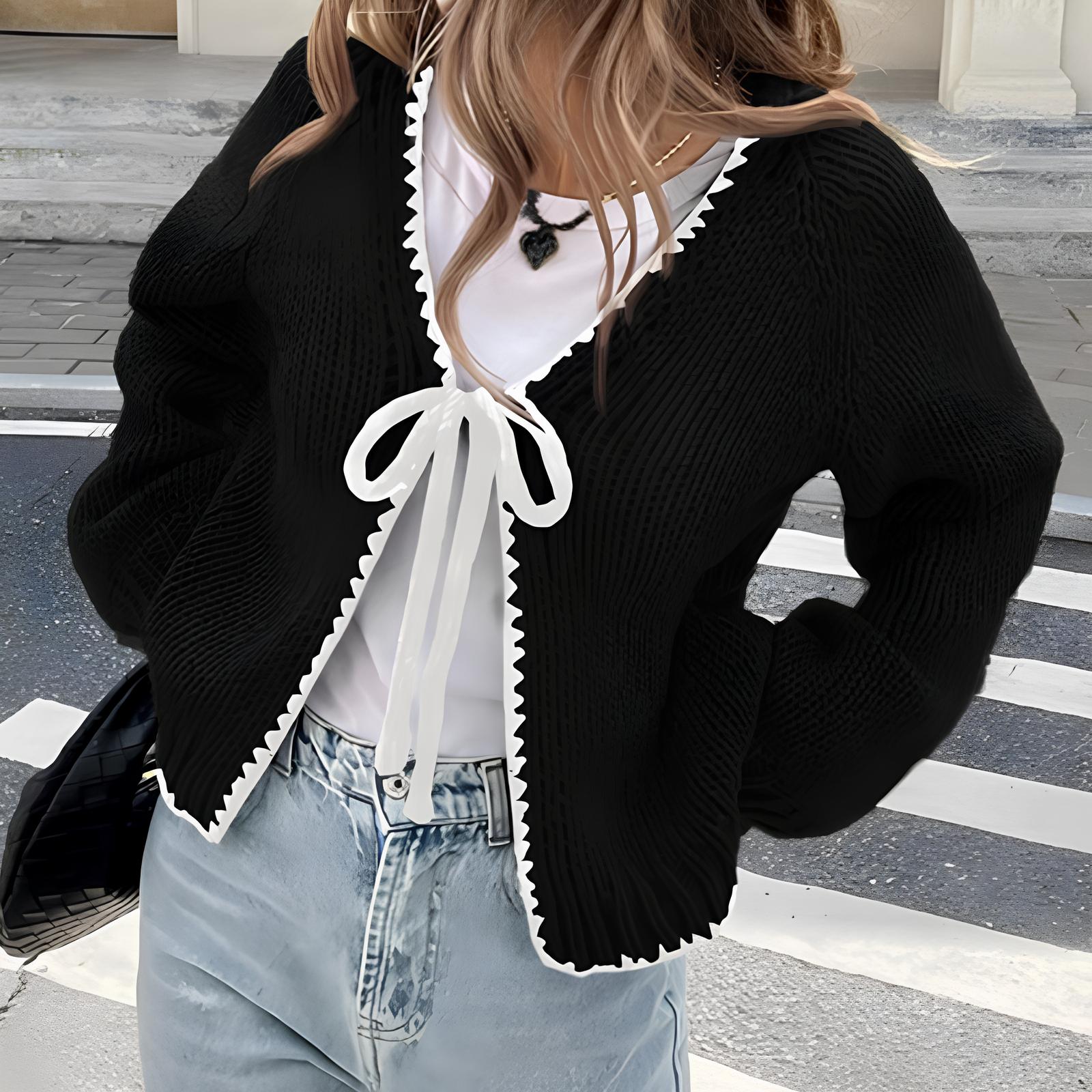 Chic Ribbon-Detail Long-Sleeve Open-Front Cardigan