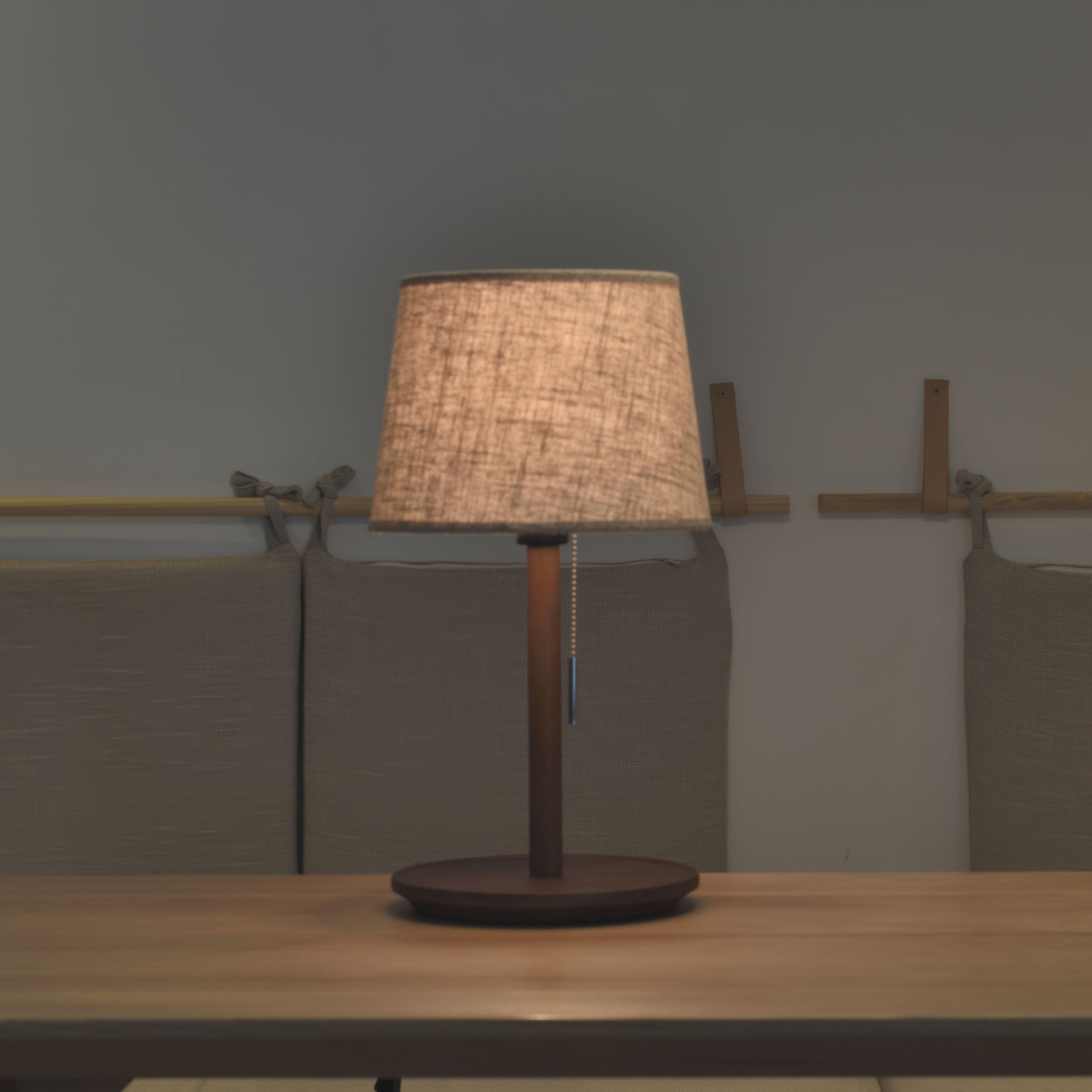 Elegant Gentle Glow Lamp made of Nordic Walnut wood with noble fabric accents