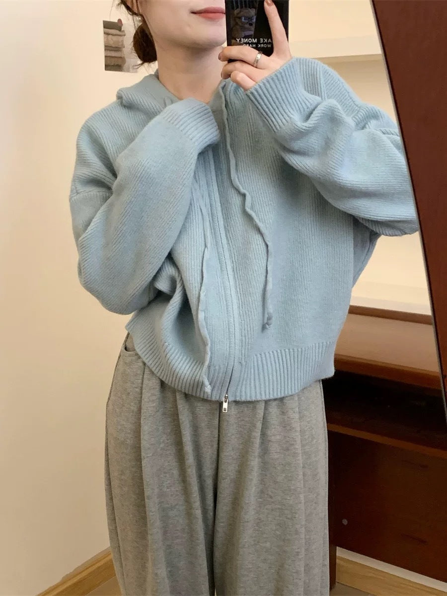 Casual Zip-Up Hooded Cardigan with Long Sleeves